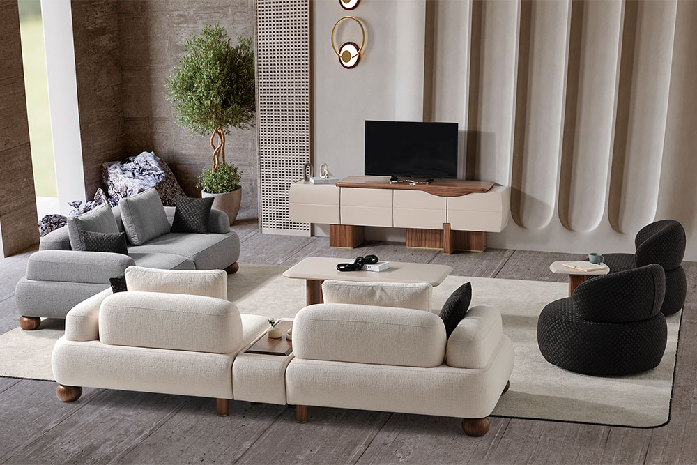 Mora TV ünitesi, modern tasarımı ve zarif detaylarıyla salon dekorasyonuna şık ve düzenli bir görünüm kazandırır.