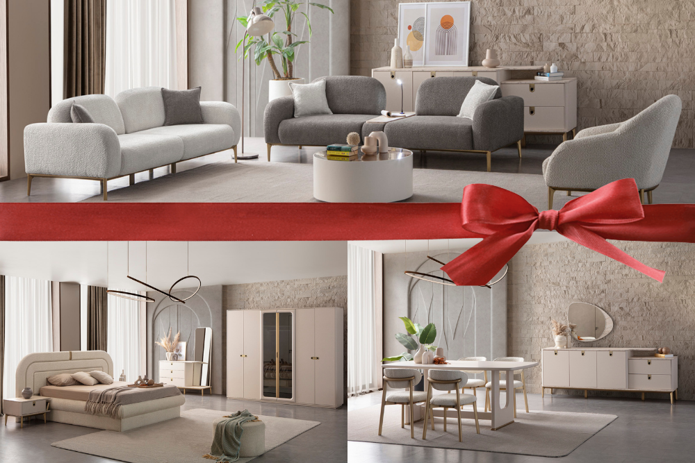 “Krem renk modern düğün paketi yatak odası, yemek odası ve koltuk takımı seti”